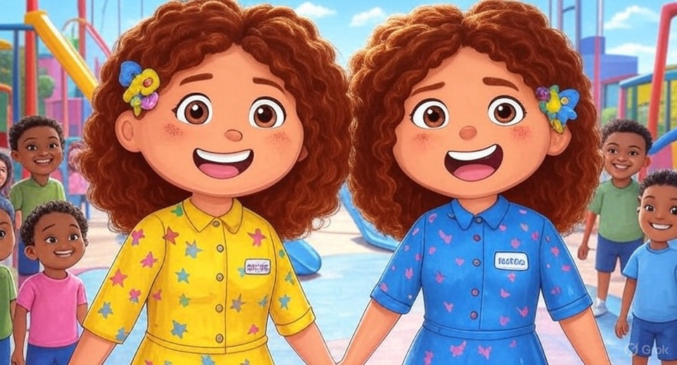 Twin girls reading 'It's Good 2 Be Different!' in a sunny forest